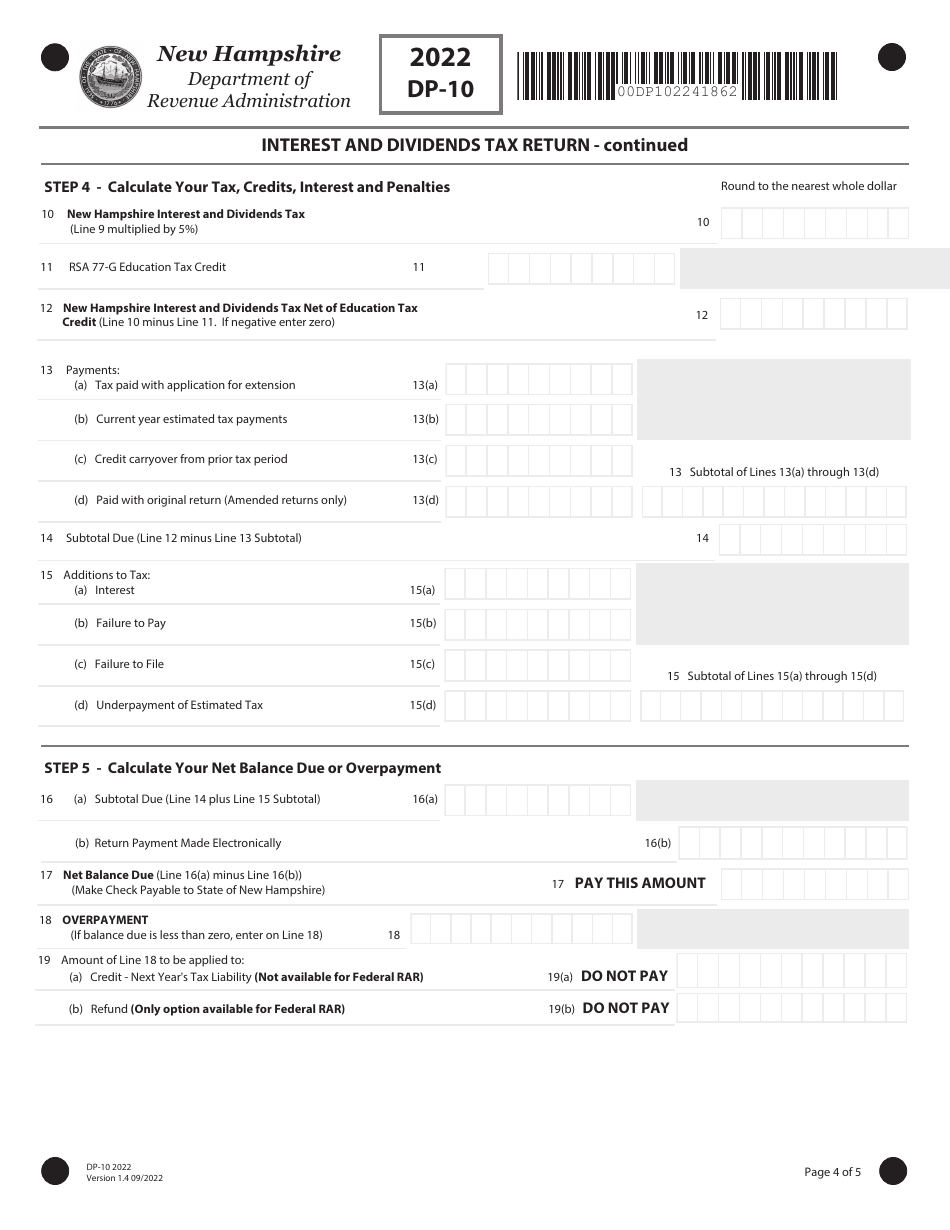 Form DP-10 Interest and Dividends Tax Return - New Hampshire, Page 4
