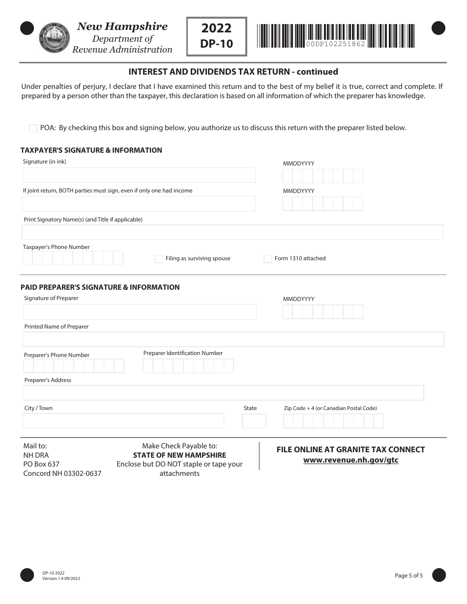 Form DP-10 Interest and Dividends Tax Return - New Hampshire, Page 5