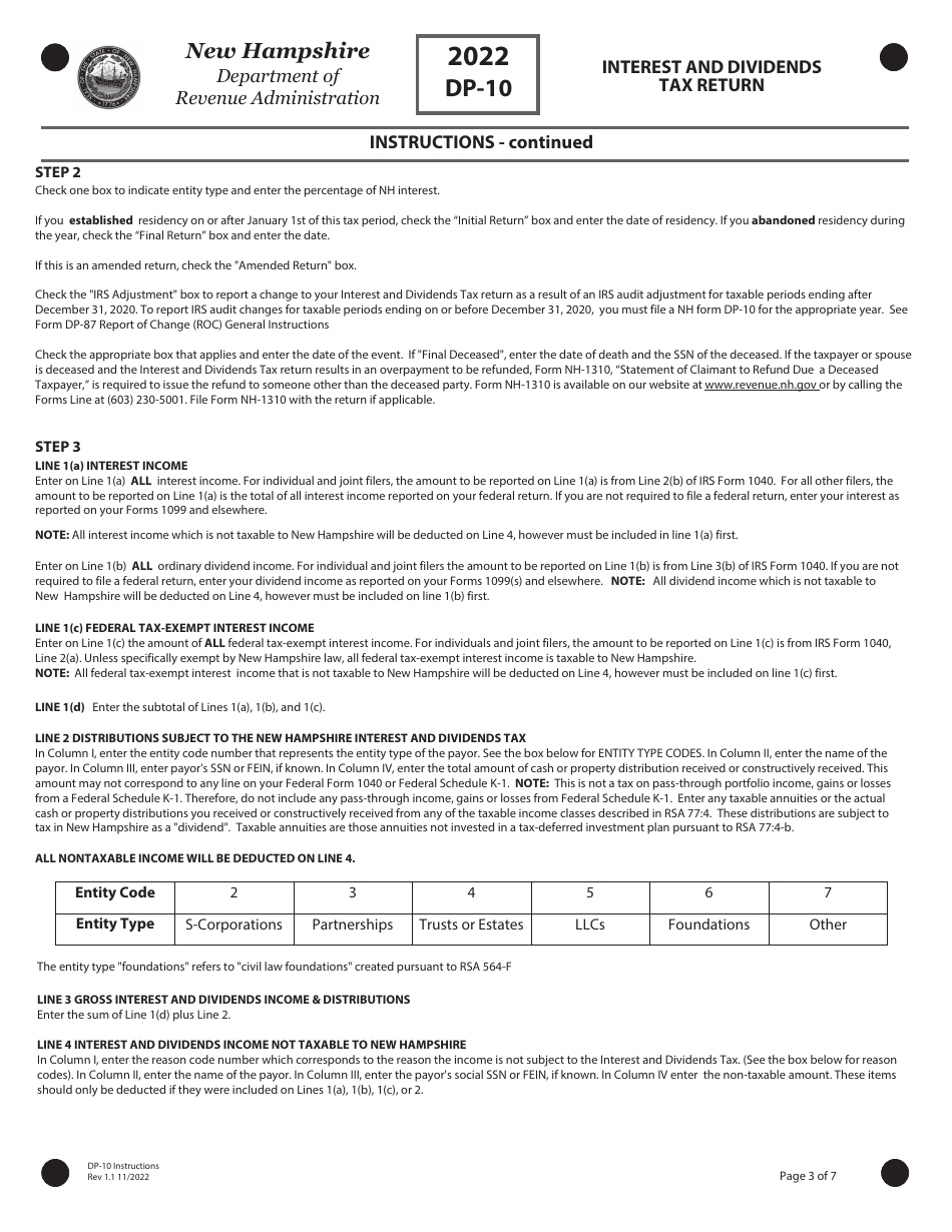 Instructions for Form DP-10 Interest and Dividends Tax Return - New Hampshire, Page 3