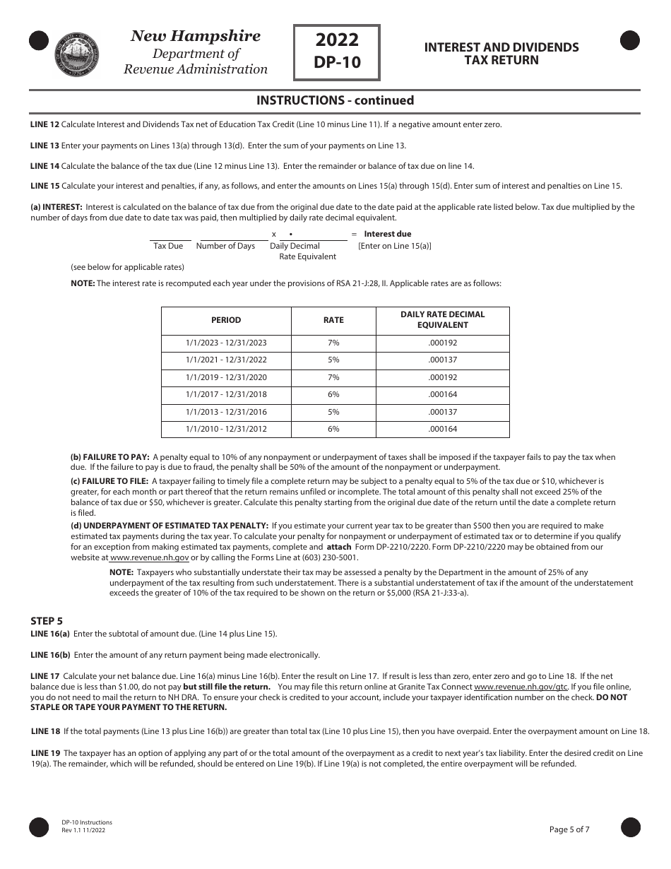 Instructions for Form DP-10 Interest and Dividends Tax Return - New Hampshire, Page 5