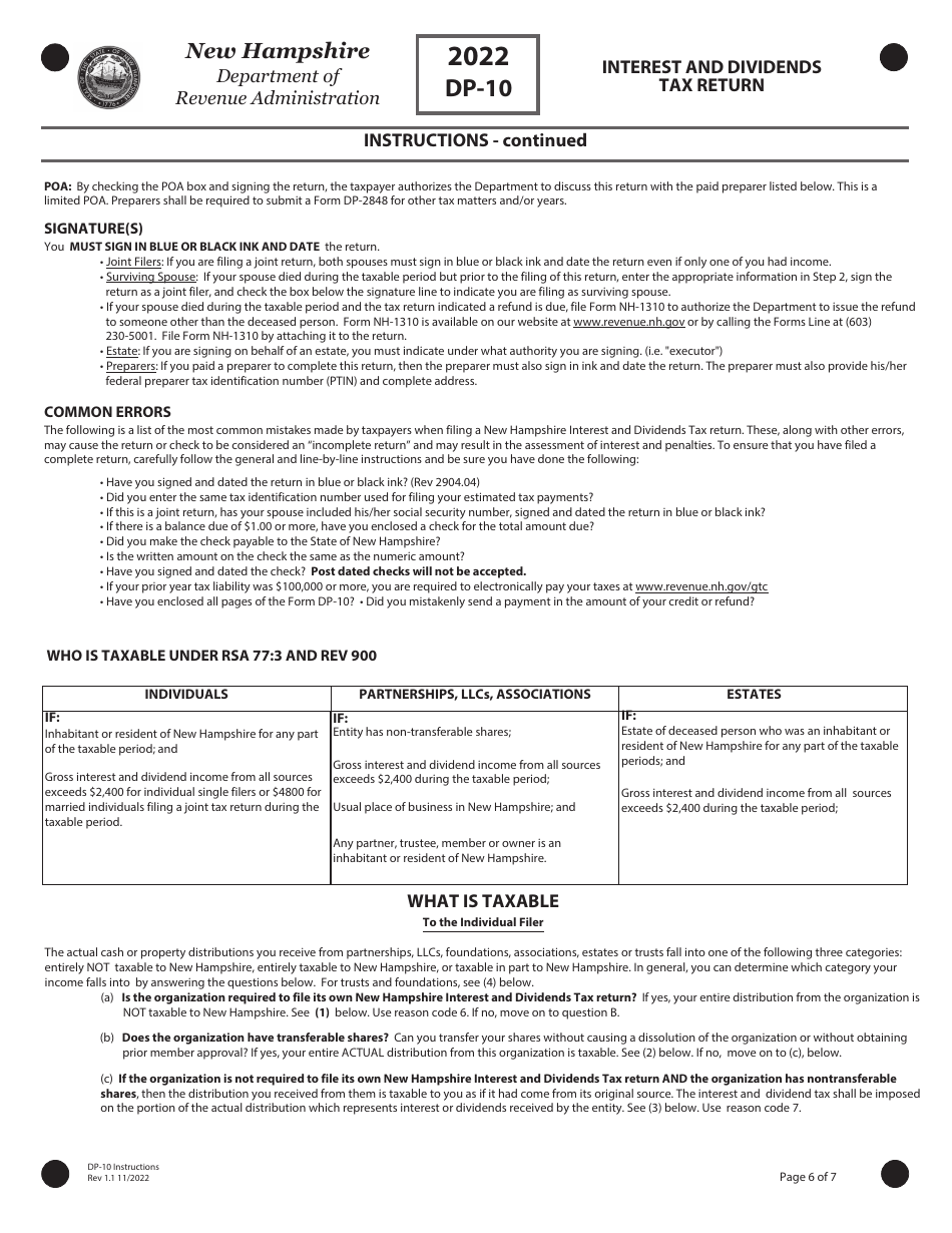 Instructions for Form DP-10 Interest and Dividends Tax Return - New Hampshire, Page 6