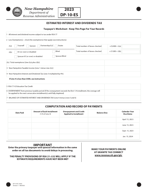 Form DP-10-ES Estimated Interest and Dividends Tax - New Hampshire, 2023