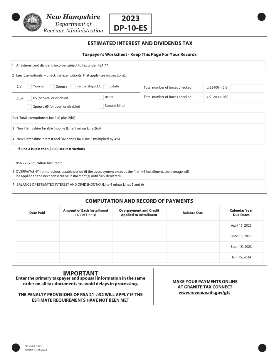 Form DP-10-ES Estimated Interest and Dividends Tax - New Hampshire, Page 1