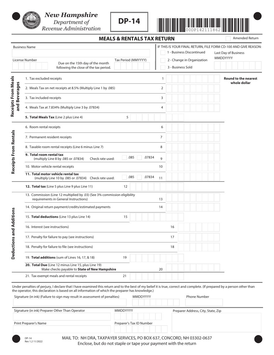 Form DP-14 Meals  Rentals Tax Return - New Hampshire, Page 1