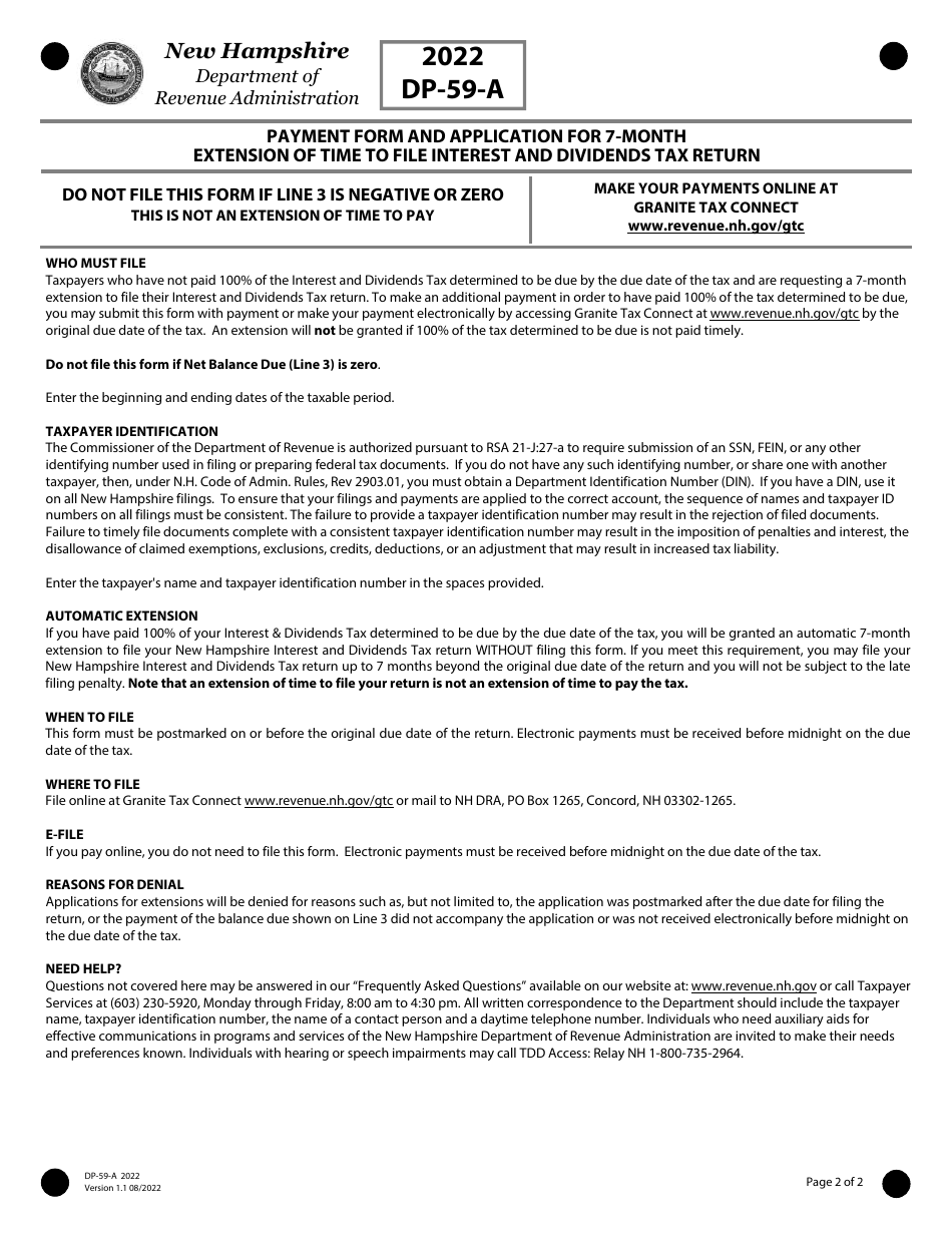 Form DP-59-A Payment Form and Application for 7-month Extension of Time to File Interest and Dividends Tax Return - New Hampshire, Page 2