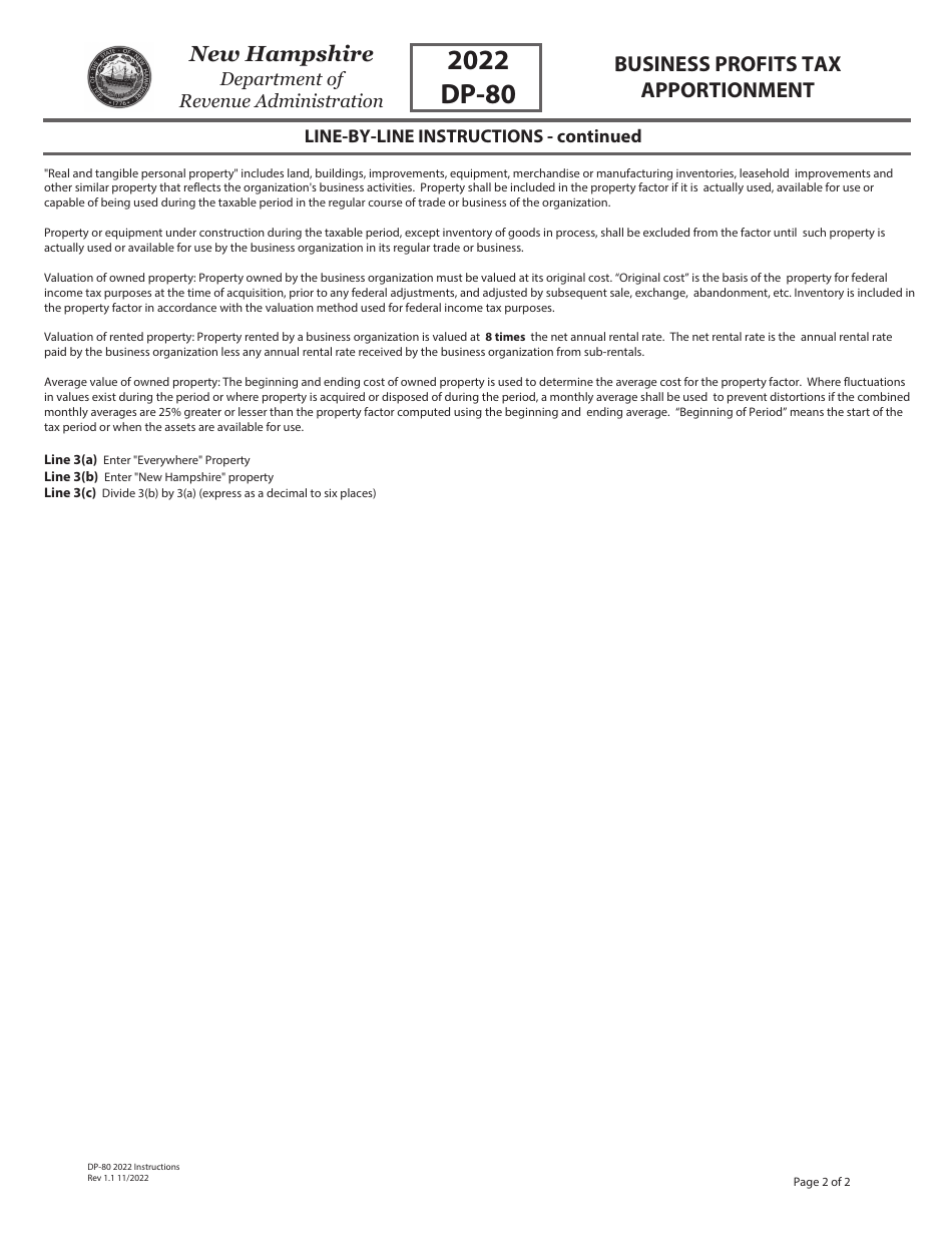 Instructions for Form DP-80 Business Profits Tax Return - Business Profits Tax Apportionment - New Hampshire, Page 2