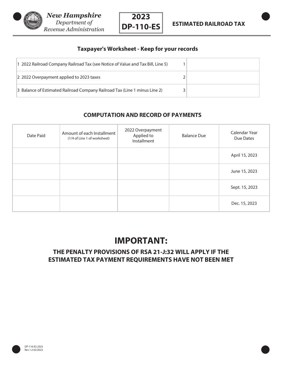 Form DP-110-ES Estimated Railroad Tax - New Hampshire, Page 1