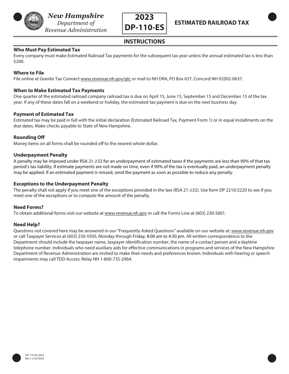 Form DP-110-ES Estimated Railroad Tax - New Hampshire, Page 4