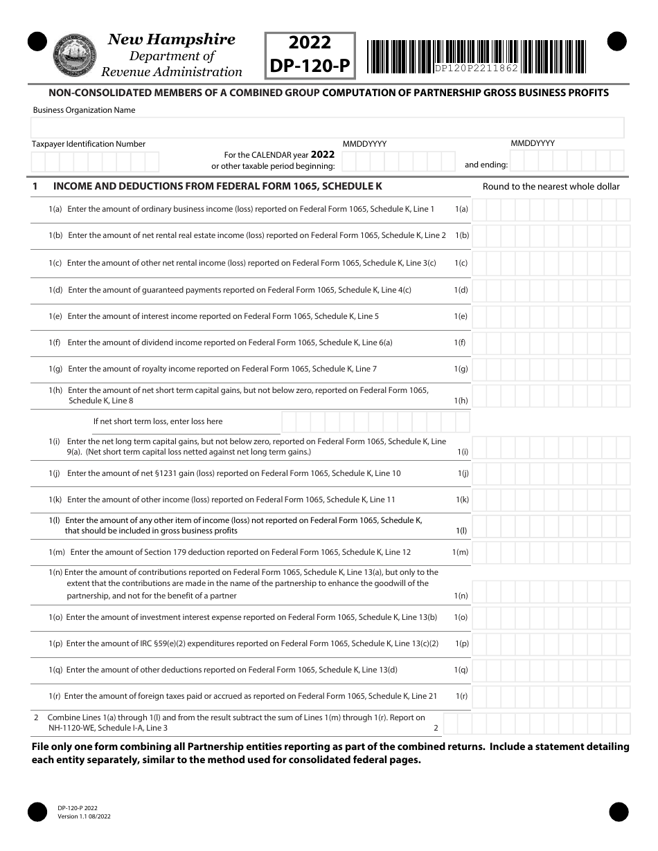 Form DP-120-P Non-consolidated Members of a Combined Group Computation of Partnership Gross Business Profits - New Hampshire, Page 1