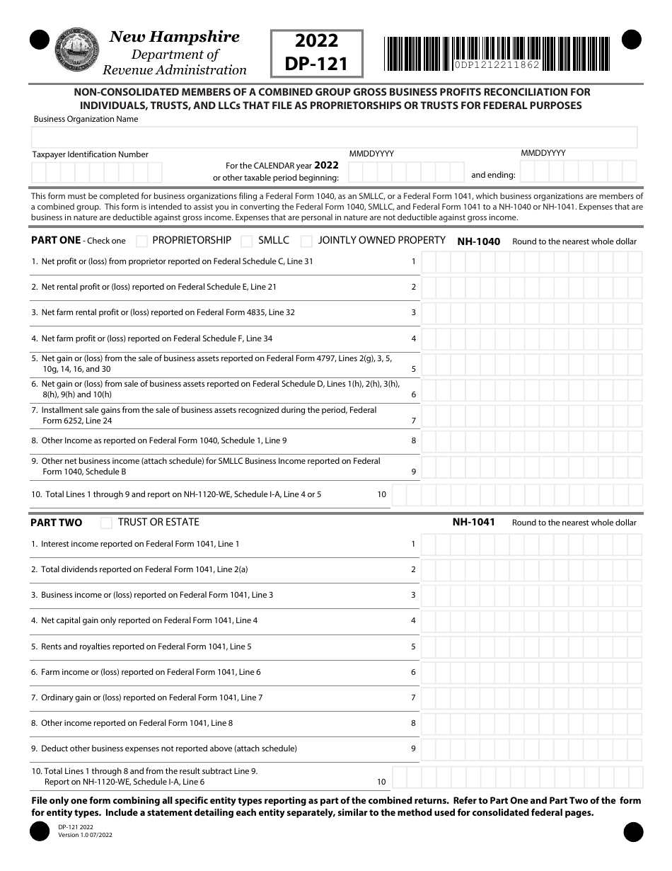 Form DP-121 Non-consolidated Members of a Combined Group Gross Business Profits Reconciliation for Individuals, Trusts, and Llcs That File as Proprietorships or Trusts for Federal Purposes - New Hampshire, Page 1