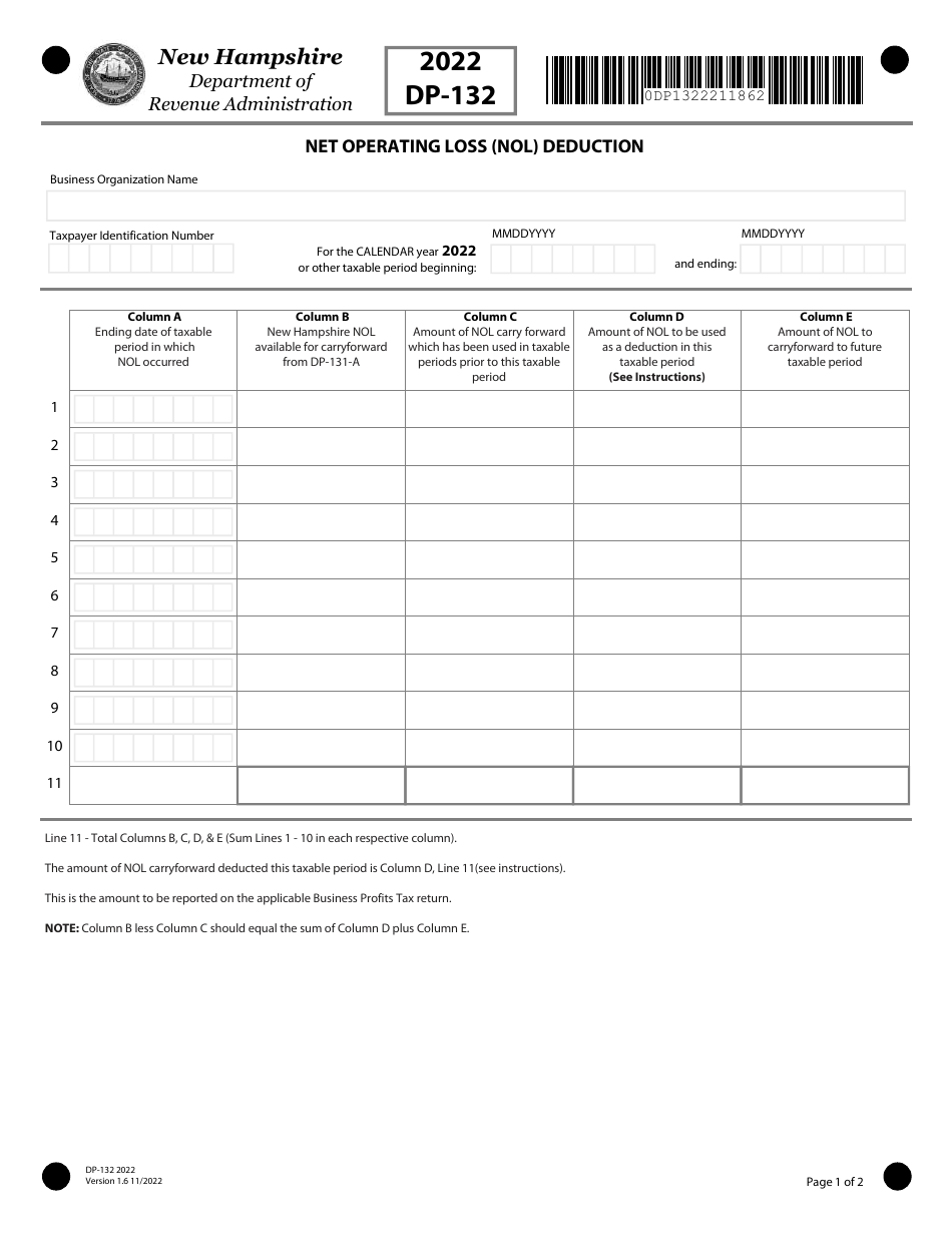 Form DP-132 Net Operating Loss (Nol) Deduction - New Hampshire, Page 1