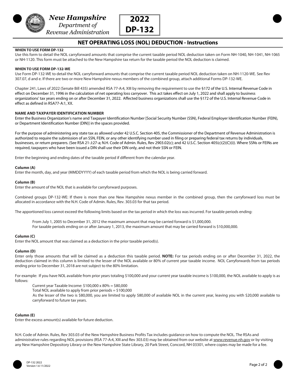 Form DP-132 Net Operating Loss (Nol) Deduction - New Hampshire, Page 2