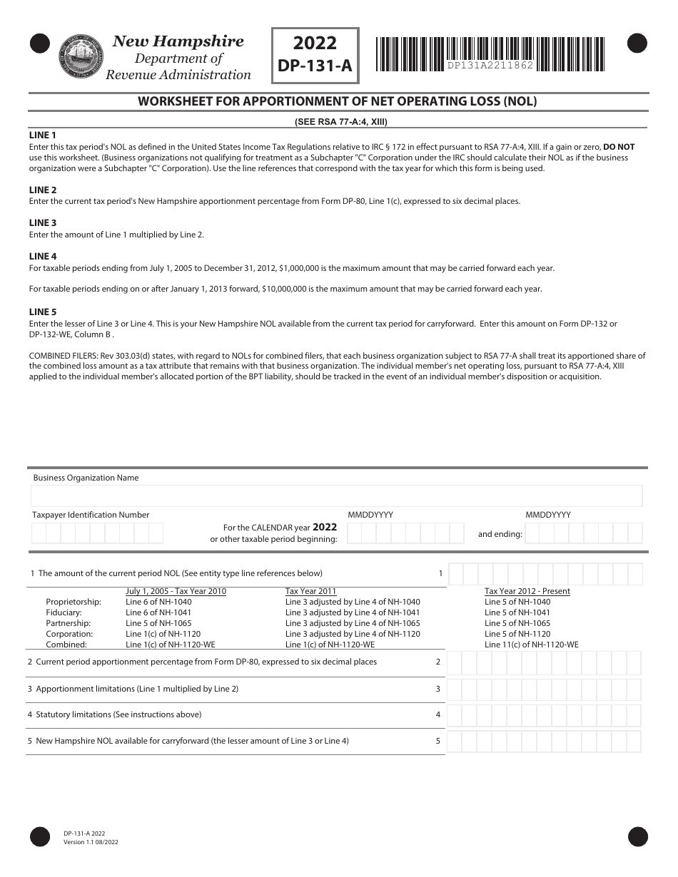 Form DP-131-A Worksheet for Apportionment of Net Operating Loss (Nol) - New Hampshire, Page 1