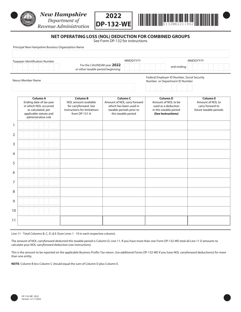 Form DP-132-WE Net Operating Loss (Nol) Deduction for Combined Groups - New Hampshire, Page 1