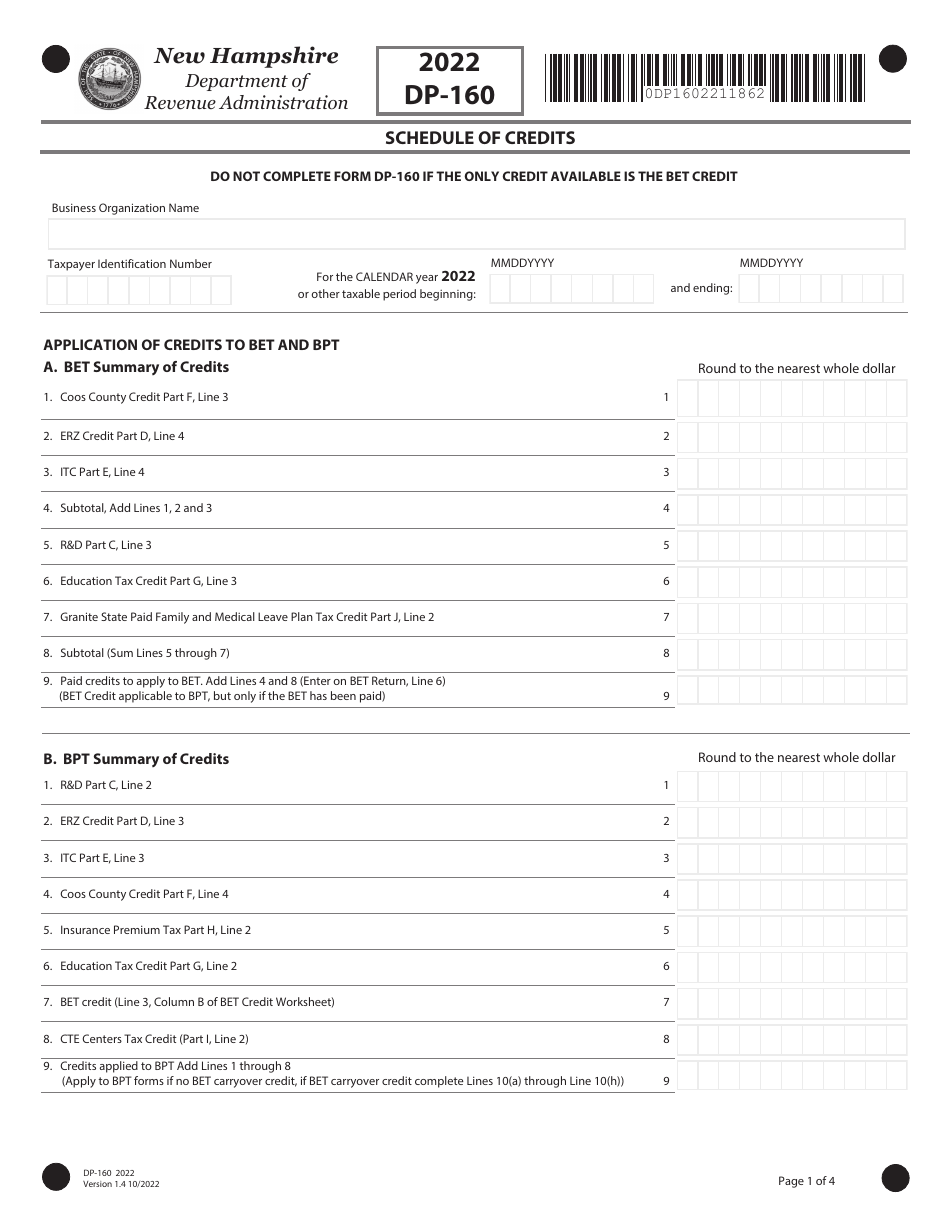 Form DP-160 Schedule of Credits - New Hampshire, Page 1