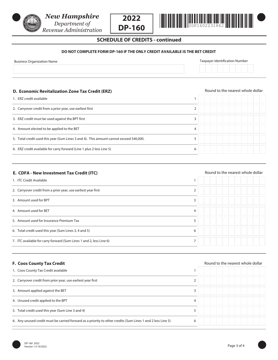 Form DP-160 Schedule of Credits - New Hampshire, Page 3