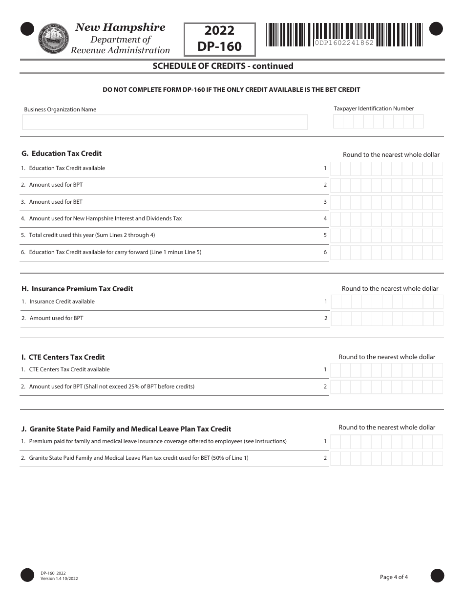 Form DP-160 Schedule of Credits - New Hampshire, Page 4