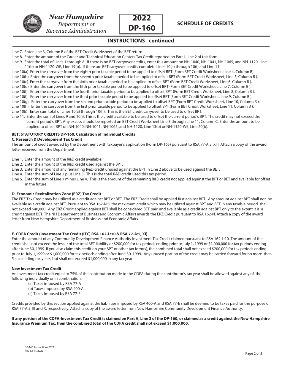 Instructions for Form DP-160 Schedule of Credits - New Hampshire, Page 2