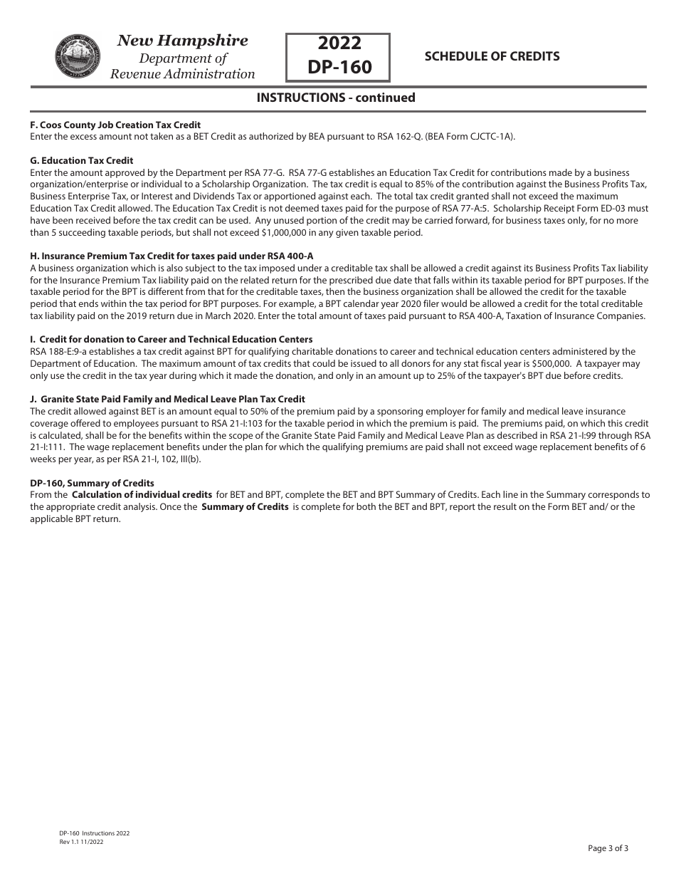 Instructions for Form DP-160 Schedule of Credits - New Hampshire, Page 3