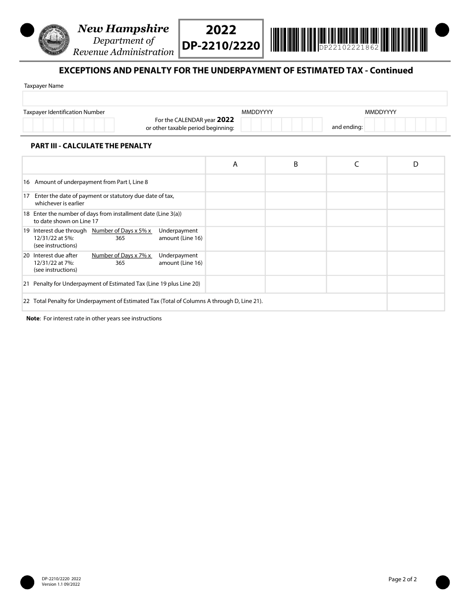 Form DP-2210 / 2220 Exceptions and Penalty for the Underpayment of Estimated Tax - New Hampshire, Page 2