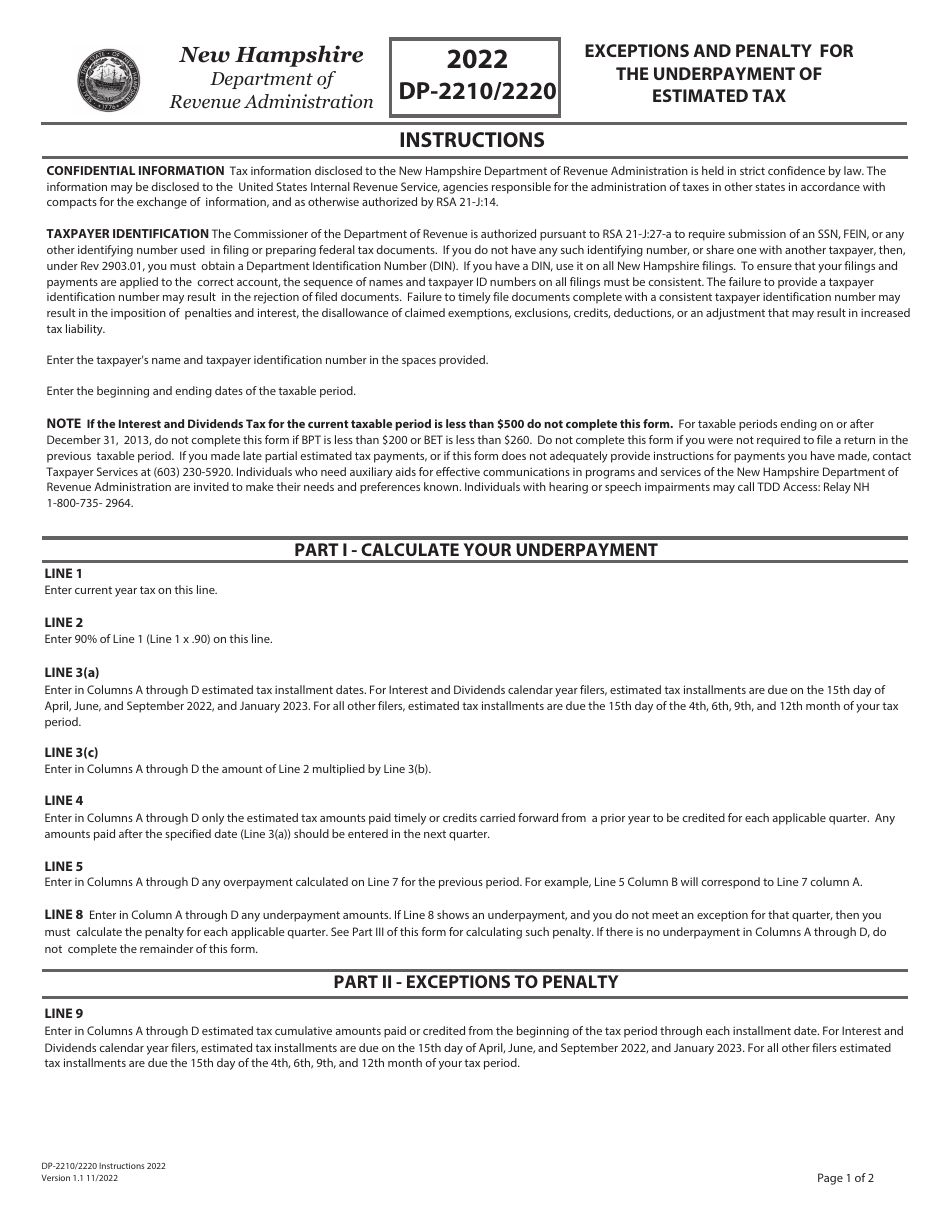 Instructions for Form DP-2210 / 2220 Exceptions and Penalty for the Underpayment of Estimated Tax - New Hampshire, Page 1