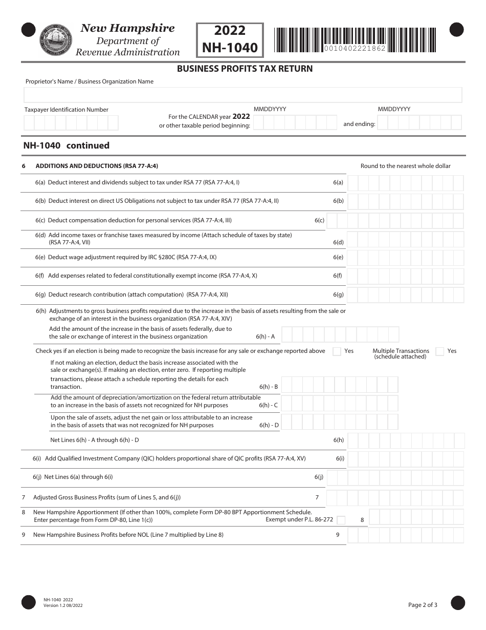 Form NH-1040 Proprietorship Business Profits Tax Return - New Hampshire, Page 2