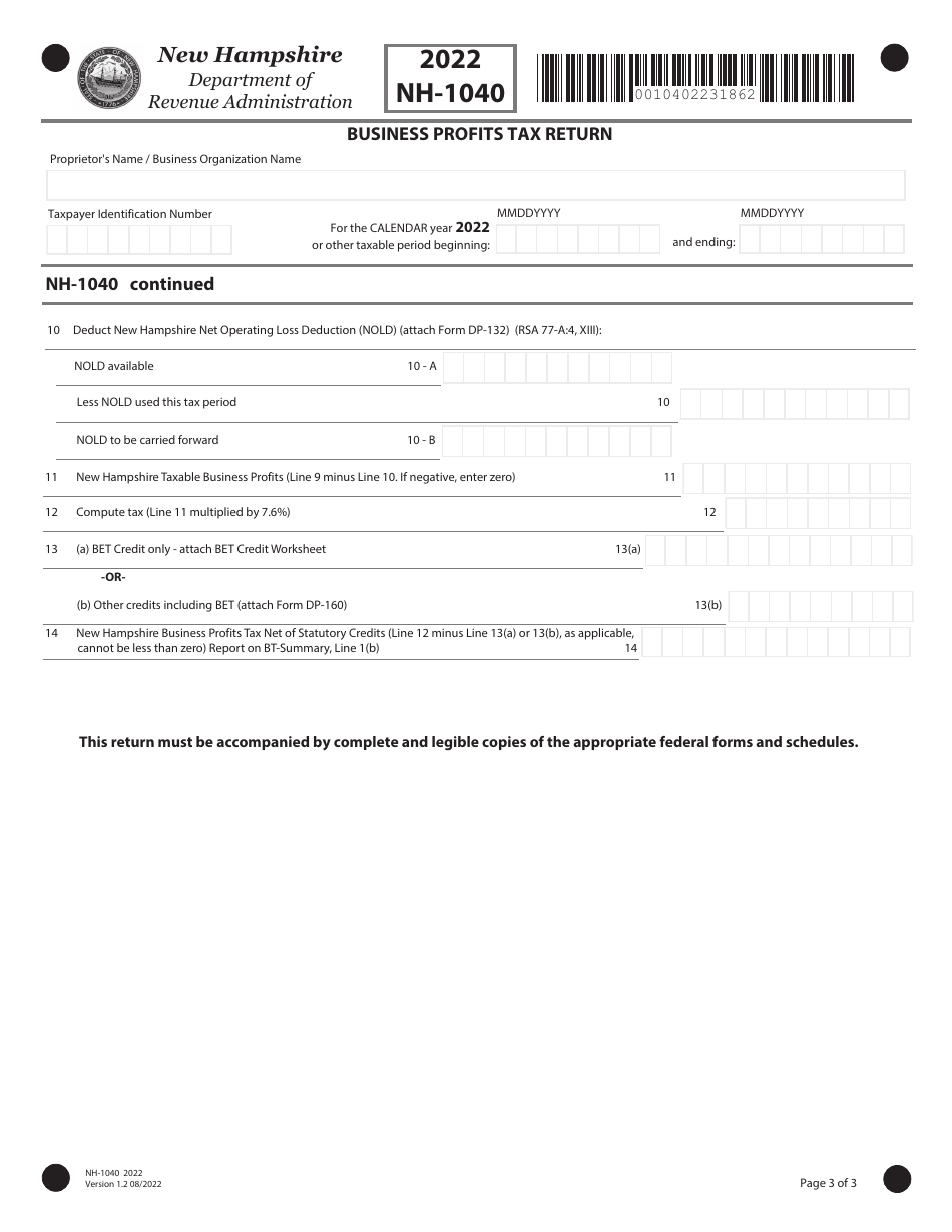 Form NH-1040 Proprietorship Business Profits Tax Return - New Hampshire, Page 3