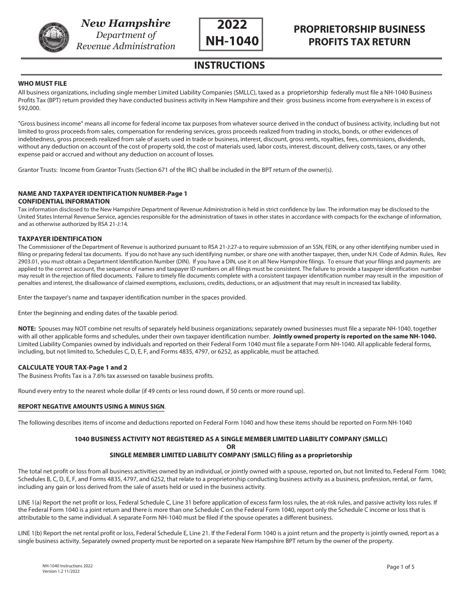 Instructions for Form NH-1040 Proprietorship Business Profits Tax Return - New Hampshire, Page 1
