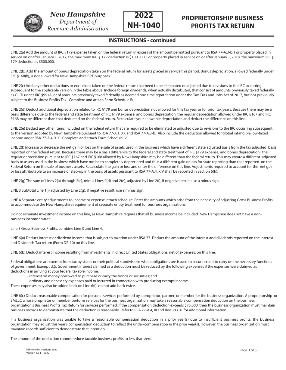 Instructions for Form NH-1040 Proprietorship Business Profits Tax Return - New Hampshire, Page 3