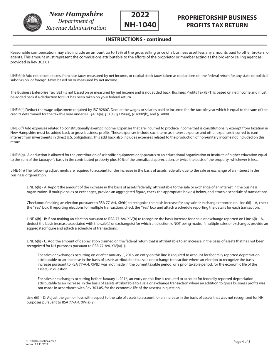 Instructions for Form NH-1040 Proprietorship Business Profits Tax Return - New Hampshire, Page 4