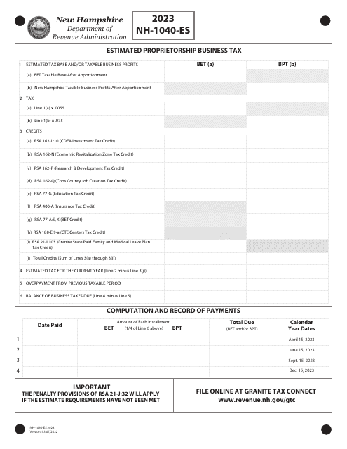 Form NH-1040-ES Estimated Proprietorship Business Tax - New Hampshire, 2023