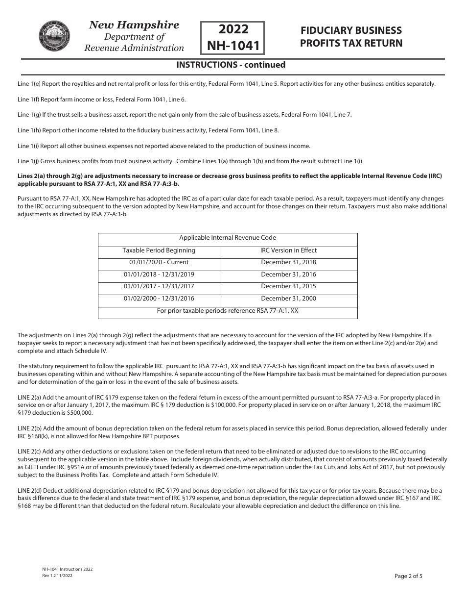 Instructions for Form NH-1041 Fiduciary Business Profits Tax Return - New Hampshire, Page 2