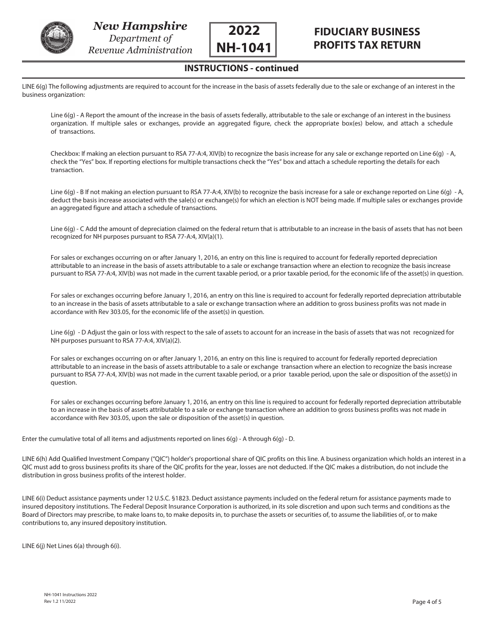Instructions for Form NH-1041 Fiduciary Business Profits Tax Return - New Hampshire, Page 4
