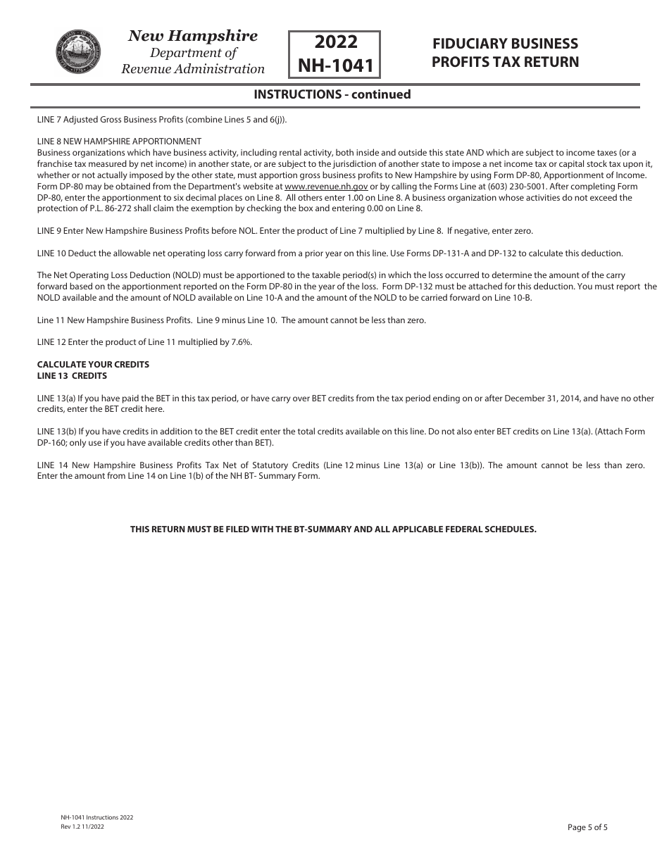 Instructions for Form NH-1041 Fiduciary Business Profits Tax Return - New Hampshire, Page 5
