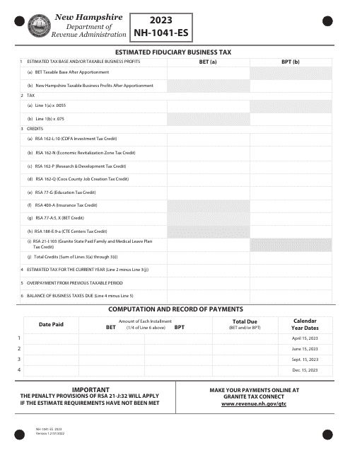Form NH-1041-ES Estimated Fiduciary Business Tax - New Hampshire, 2023