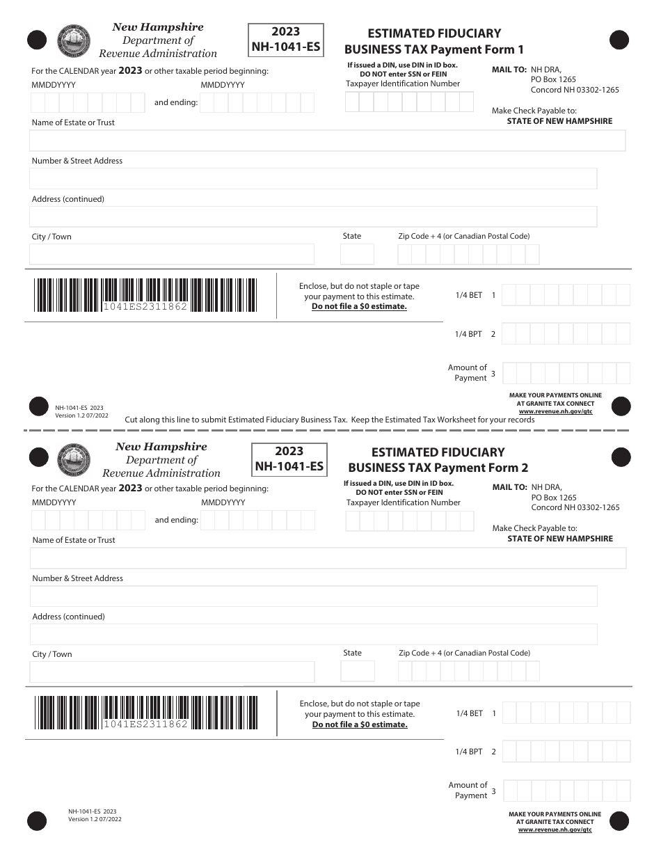 Form NH-1041-ES Estimated Fiduciary Business Tax - New Hampshire, Page 2
