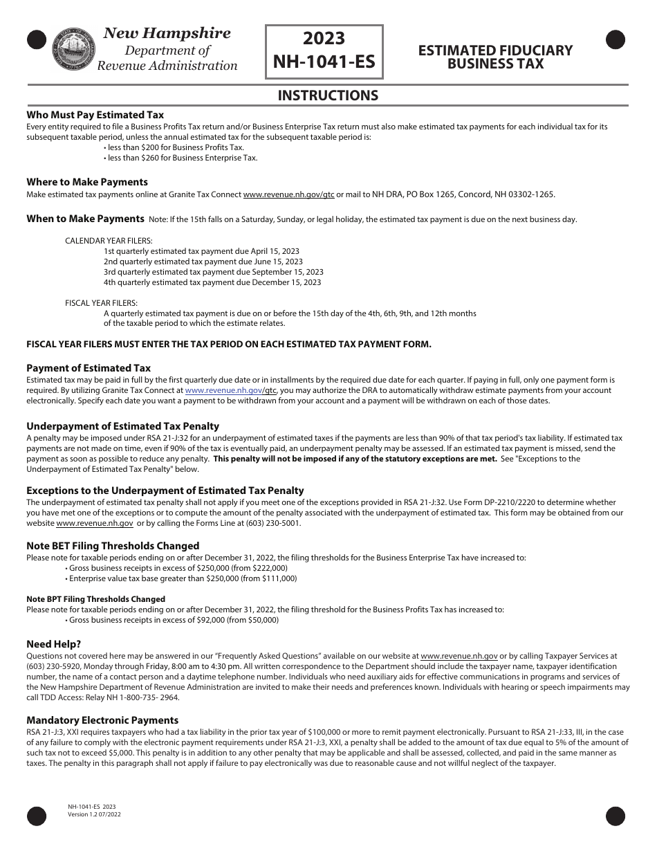 Form NH-1041-ES Estimated Fiduciary Business Tax - New Hampshire, Page 4