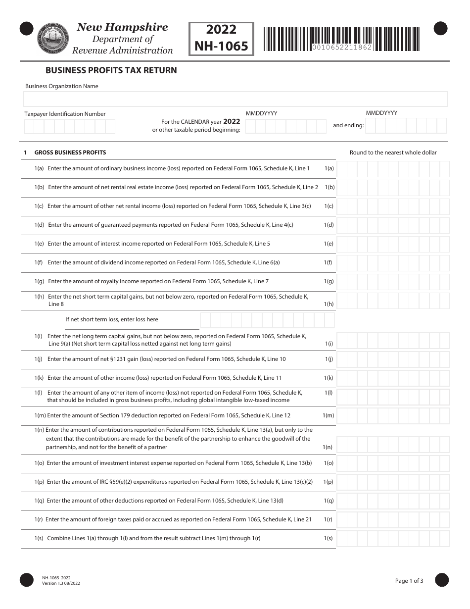 Form NH-1065 Partnership Business Profits Tax Return - New Hampshire, Page 1