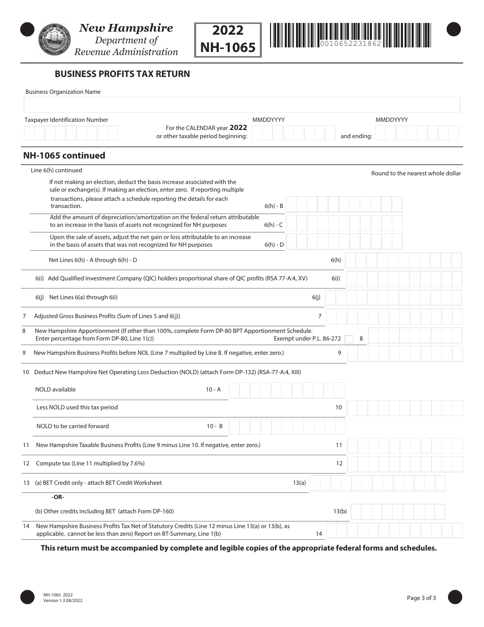 Form NH-1065 Partnership Business Profits Tax Return - New Hampshire, Page 3