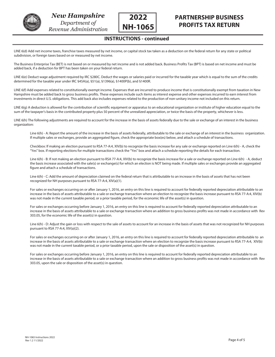 Instructions for Form NH-1065 Partnership Business Profits Tax Return - New Hampshire, Page 4
