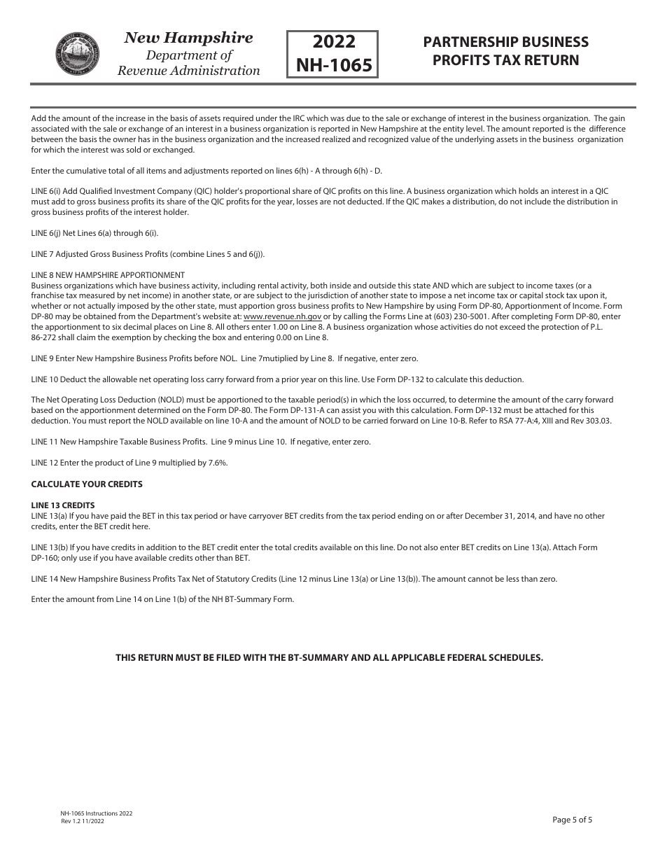 Instructions for Form NH-1065 Partnership Business Profits Tax Return - New Hampshire, Page 5