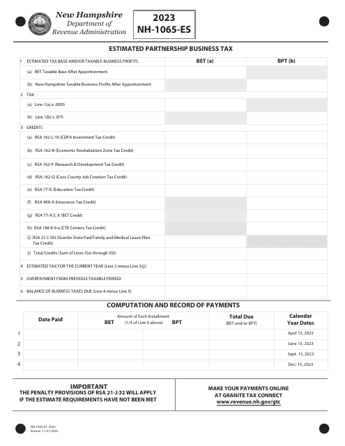 Form NH-1065-ES Estimated Partnership Business Tax - New Hampshire, 2023