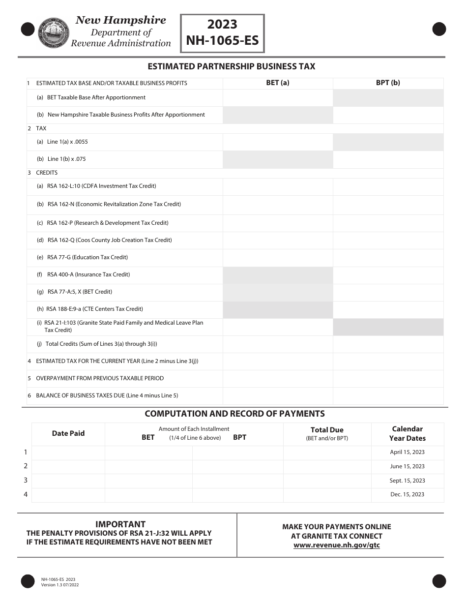 Form NH-1065-ES Estimated Partnership Business Tax - New Hampshire, Page 1