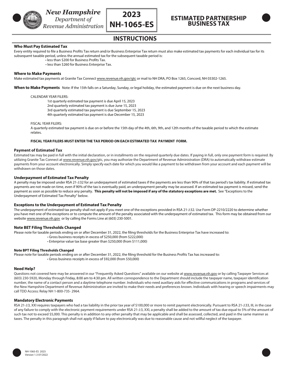 Form NH-1065-ES Estimated Partnership Business Tax - New Hampshire, Page 4