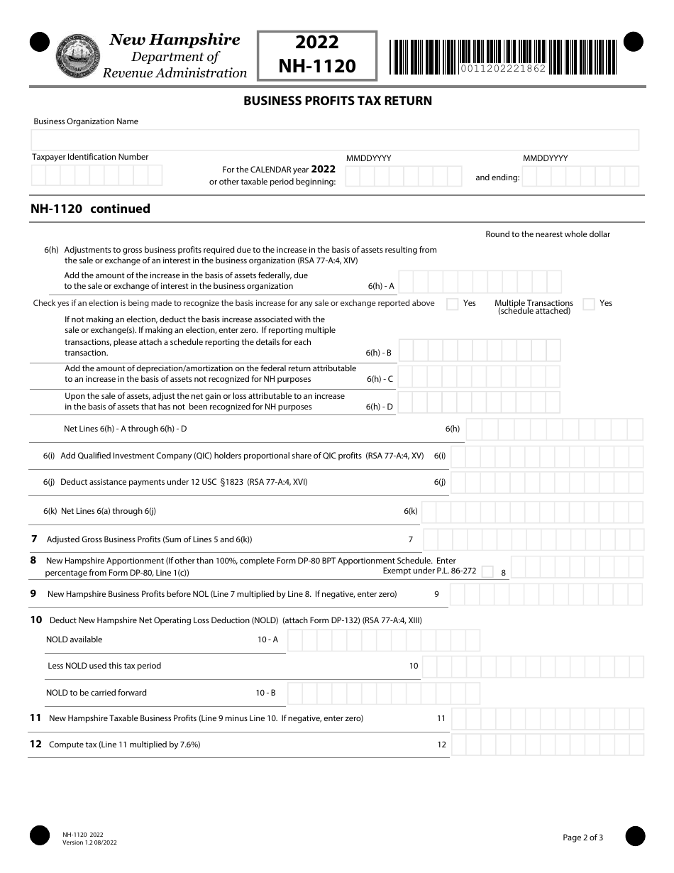 Form NH-1120 Business Profits Tax Return - New Hampshire, Page 2