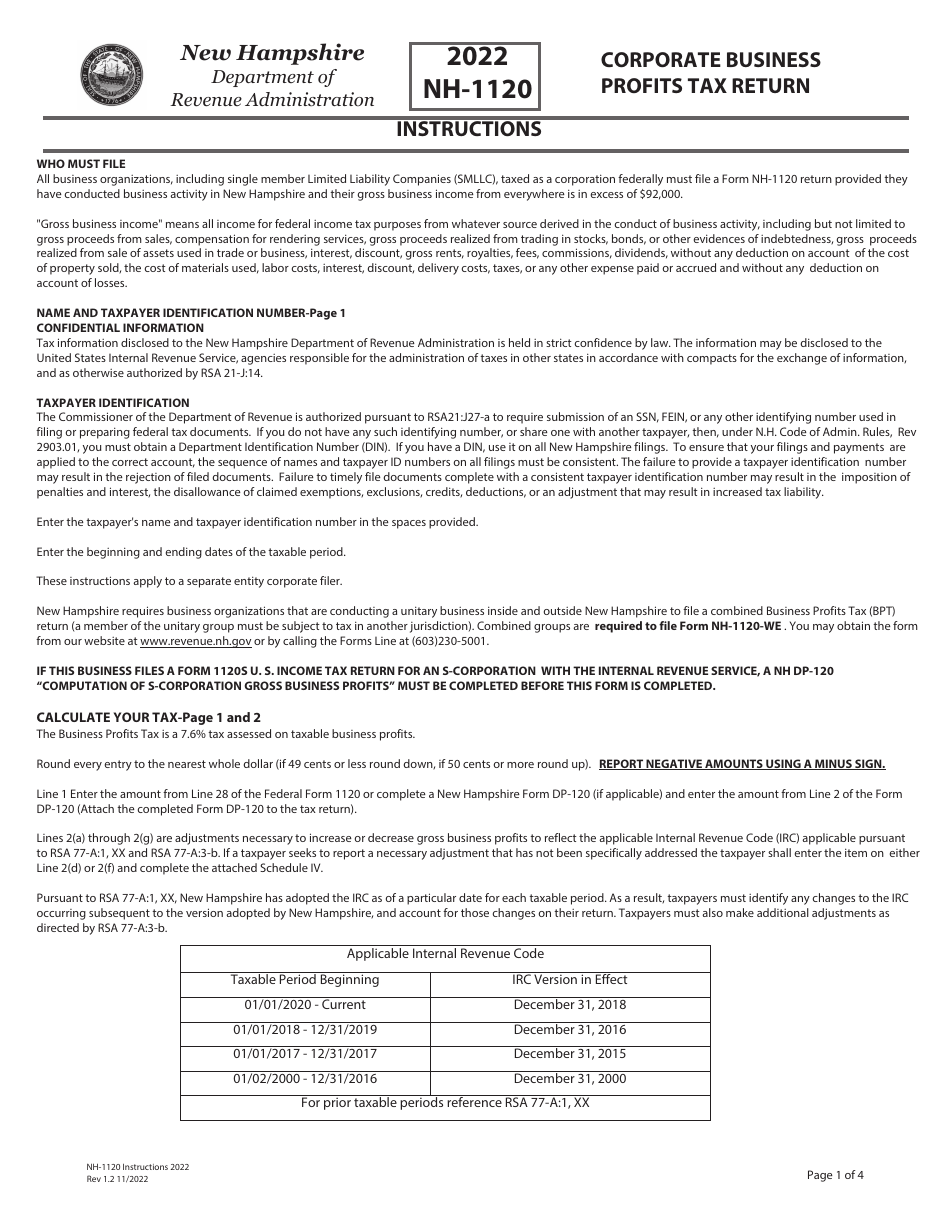 Instructions for Form NH-1120 Business Profits Tax Return - New Hampshire, Page 1