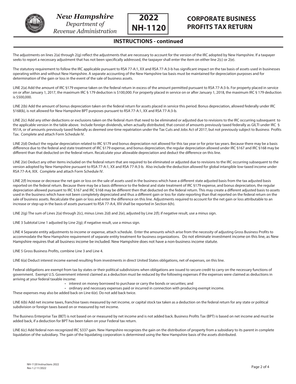 Instructions for Form NH-1120 Business Profits Tax Return - New Hampshire, Page 2