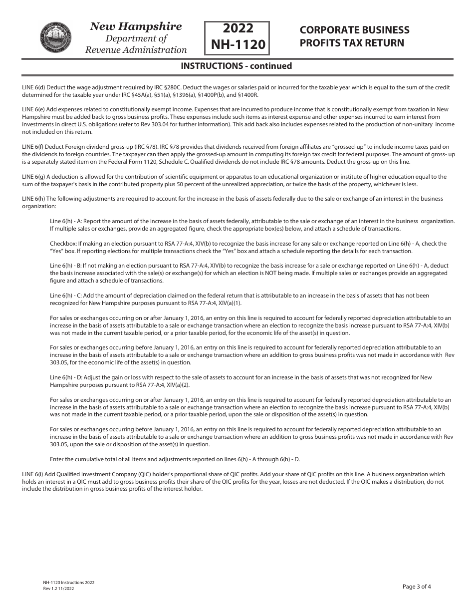 Instructions for Form NH-1120 Business Profits Tax Return - New Hampshire, Page 3