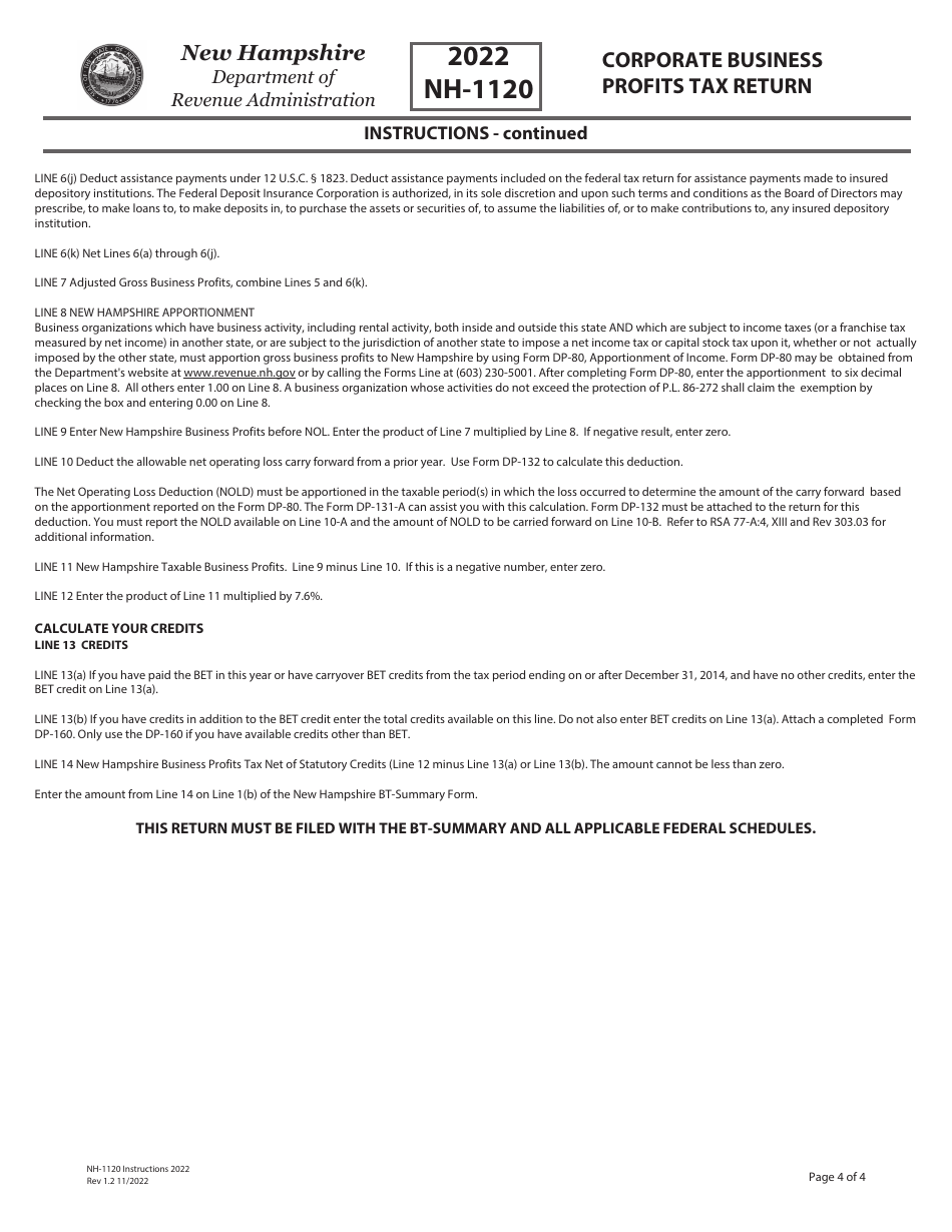 Instructions for Form NH-1120 Business Profits Tax Return - New Hampshire, Page 4