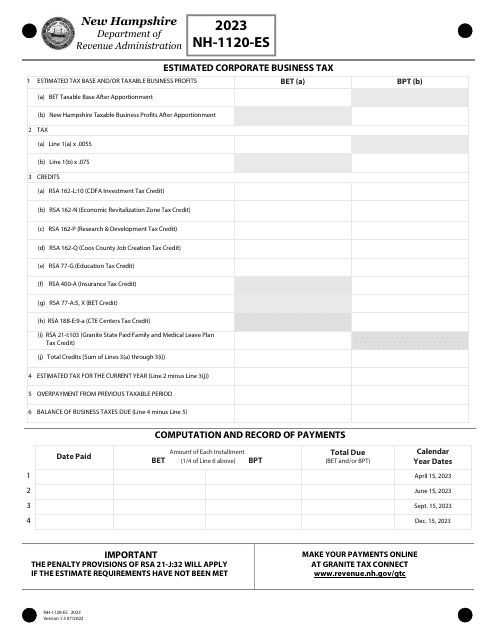 Form NH-1120-ES Estimated Corporate Business Tax - New Hampshire, 2023